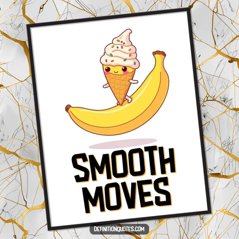 Funny Ice Cream Cone Poster: A sprinkle-covered character hilariously slipping on a giant banana peel, a vibrant and funny wall art.