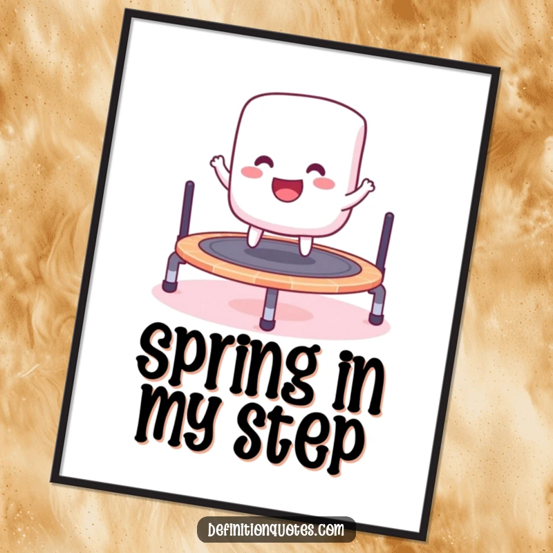 Funny poster of a cheerful marshmallow gleefully bouncing high on a miniature trampoline, radiating pure fun.