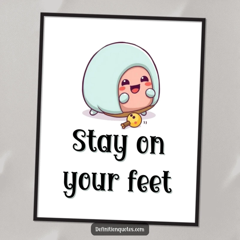 Funny Kawaii house slipper character hilariously tripping over its laces, displayed as a humorous poster. Funny wall art.