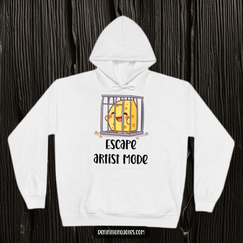 Funny Kawaii cheese character, joyfully escaping a small cage, featured on a warm and humorous hoodie.