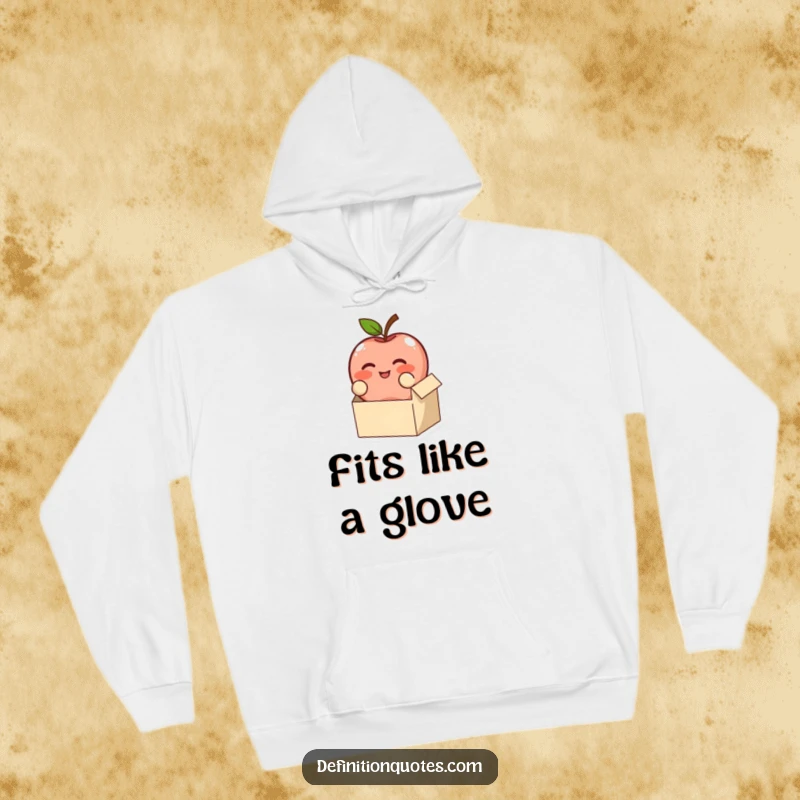 Funny, blushing apple character comically struggling to fit, on a soft hoodie, an ideal funny gift.