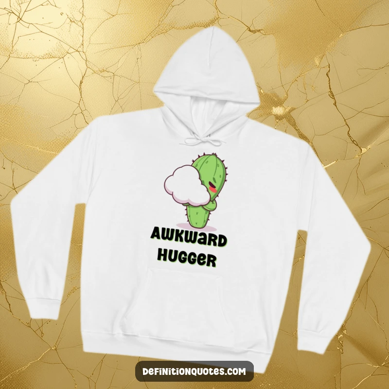 Funny Kawaii cactus character, looking uncomfortable while hugging a cloud, on a warm and humorous hoodie.