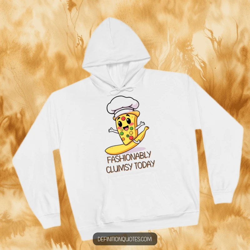 Funny hoodie depicting a pizza slice chef in a chef hat slipping dramatically on a banana peel, promoting cozy laughs.