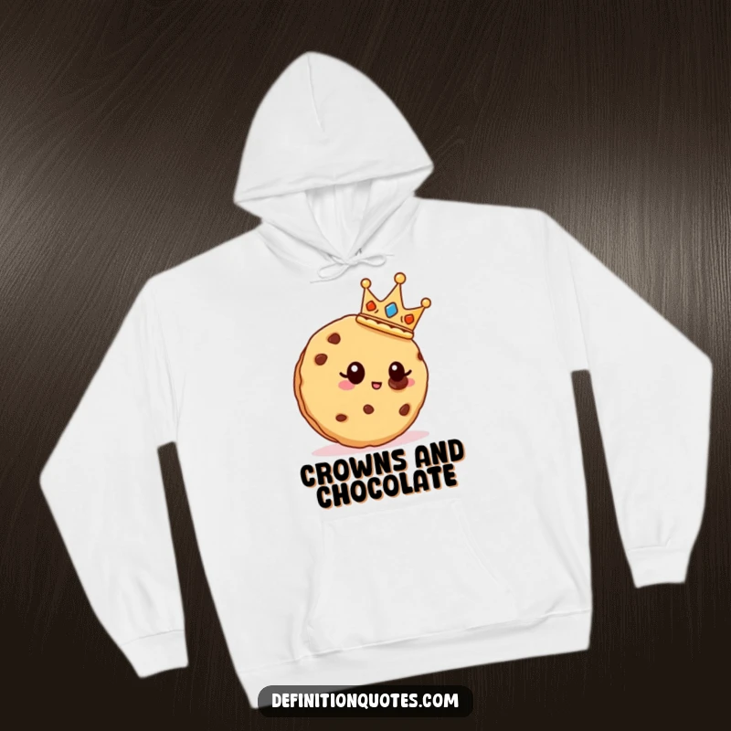 Funny cookie wearing a crown, admiring a chocolate chip, on a cozy hoodie.