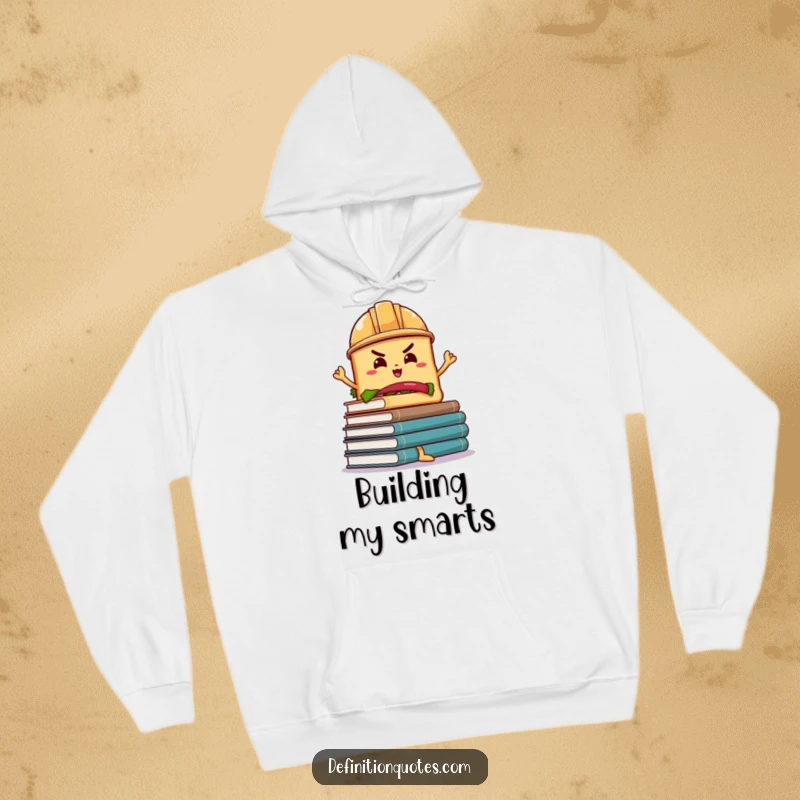 Funny Sandwich Book Balance Hoodie: A determined sandwich in a hard hat balances wobbly books, a cozy and funny pullover.