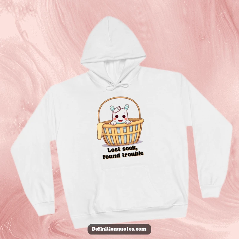 Funny hoodie featuring a cheeky sock puppet peeking out of an empty laundry basket, embodying playful mischief and comfort.