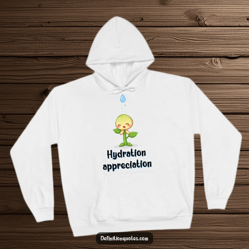Funny happy little sprout dramatically bowing to a falling raindrop on a hoodie, offering humble comfort and humor.