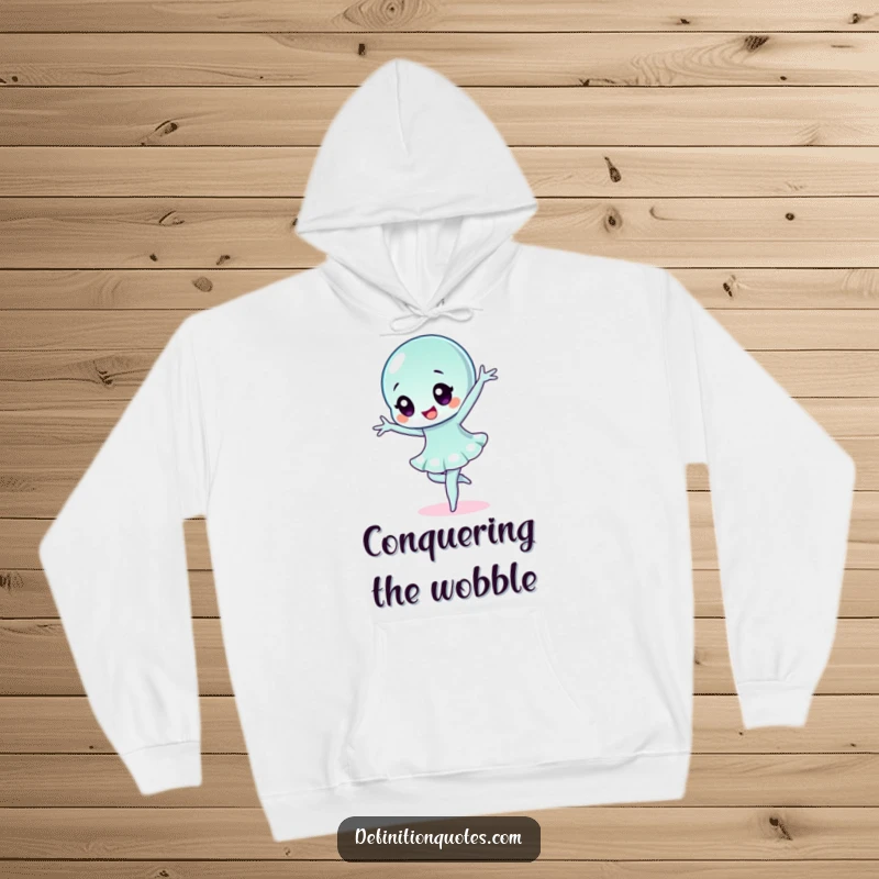 Funny wobbly jelly character striking a dramatic ballet pose on a cozy hoodie, radiating playful movement and charm.