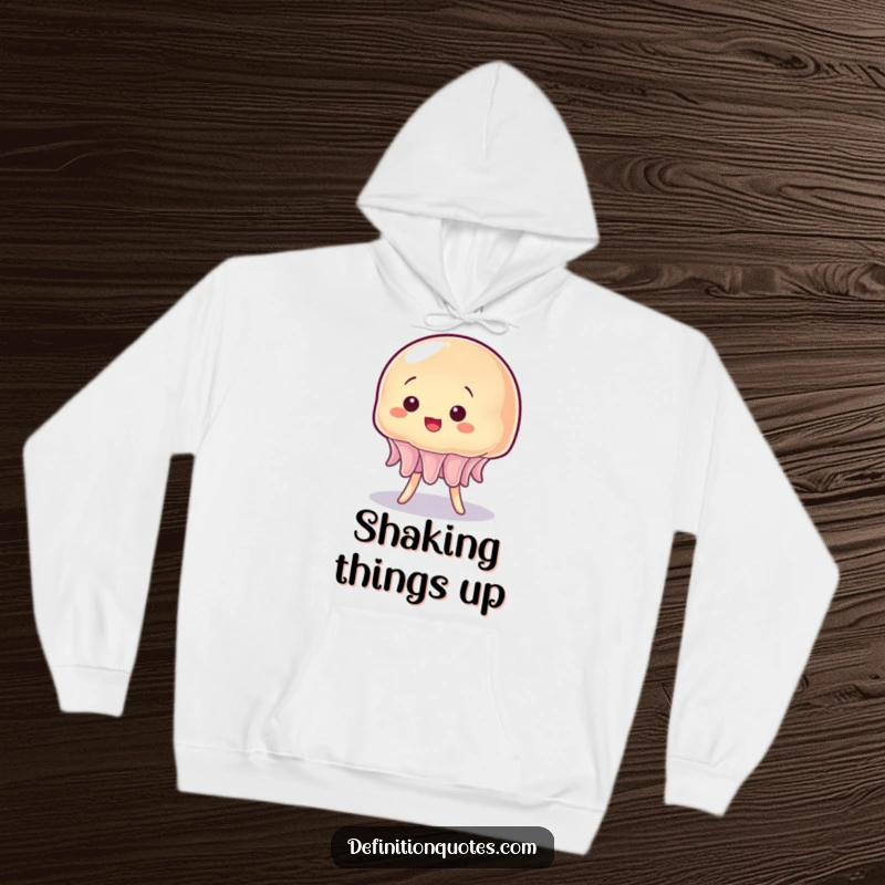 Funny hooded sweatshirt depicting a translucent, wobbly jelly character hilariously trying its best to stand.