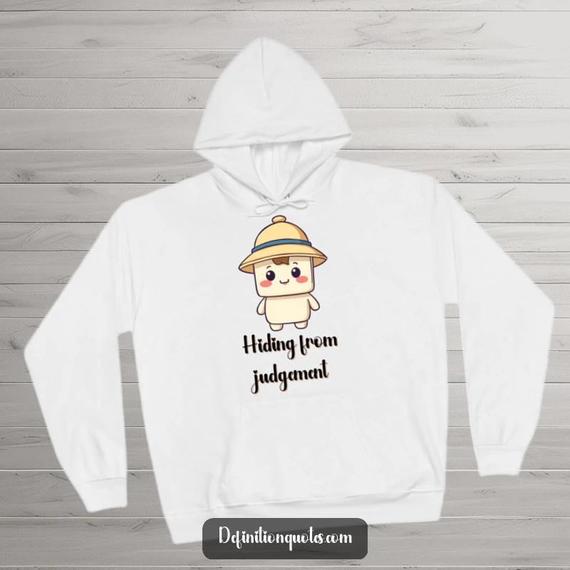 Funny hoodie depicting a happy blocky character wearing a comically small hat that obscures its vision, cozy and humorous.
