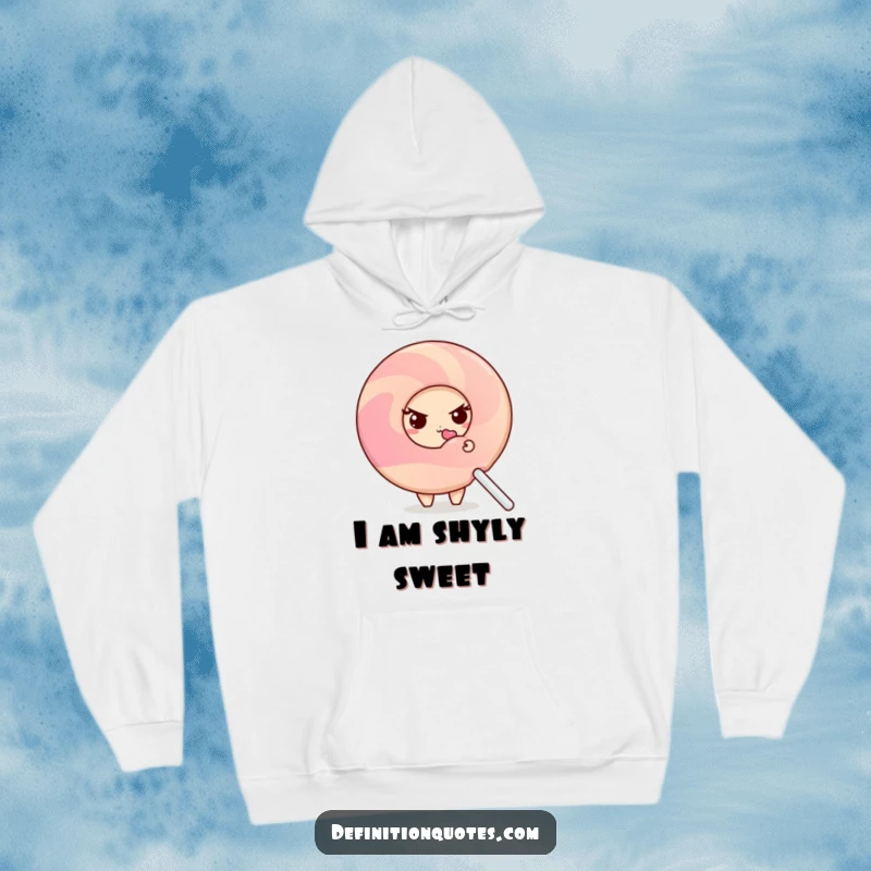 Funny shy donut character peeking from behind a giant, licked lollipop, featured on a cozy hoodie.