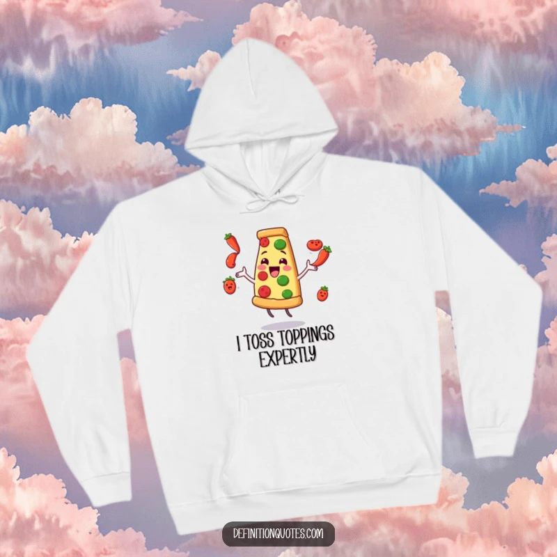 Funny Pizza Juggling Pepperoni Hoodie: A delighted pizza slice character comically juggles flying pepperoni, perfect for cozy laughs.