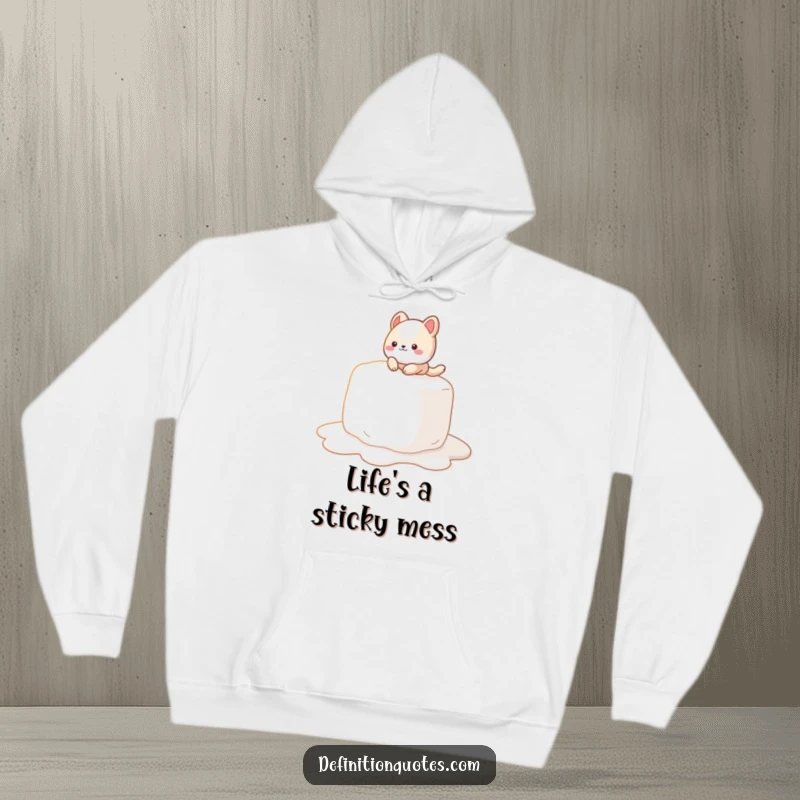 Funny Hoodie: A cute animal character slipping on a giant, melting marshmallow, embodying sweet, sticky fun.
