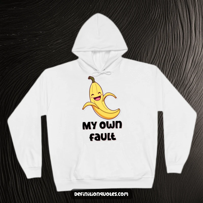 Funny Banana Peel Slip Hoodie: Warm sweatshirt with a grinning banana peel in mid-slip with exaggerated flair, a funny and cozy addition.