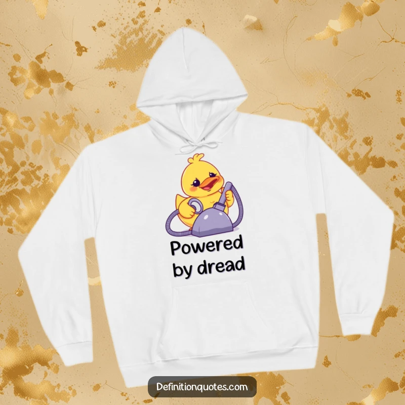 Funny terrified rubber ducky smiling, powering a giant vacuum cleaner, on a cozy hoodie.