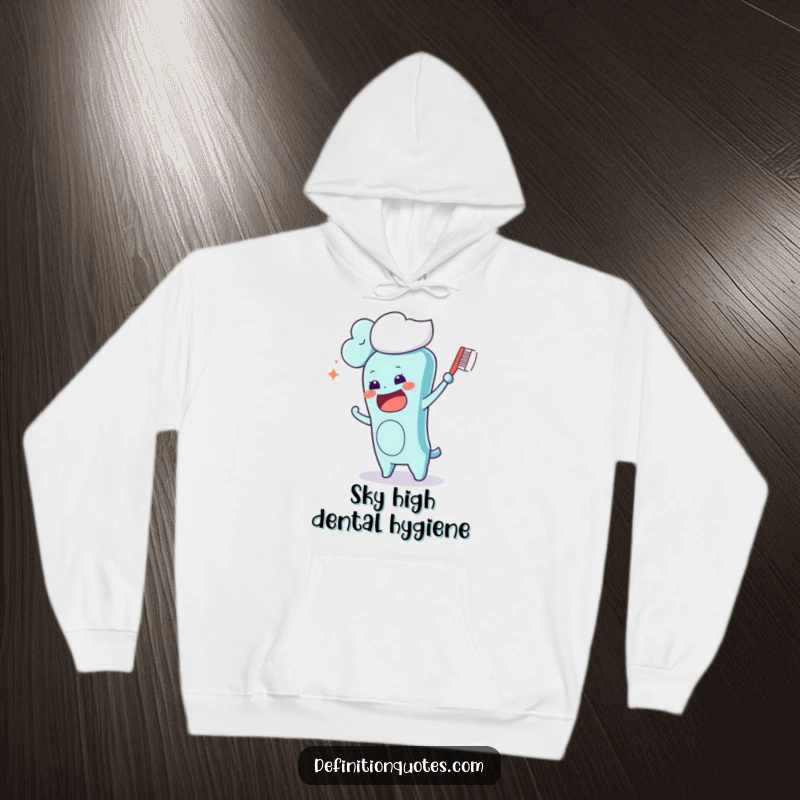 Funny Kawaii toothbrush character in a frantic brushing motion against a cloud, showcasing a humorous and cozy design on a hoodie.