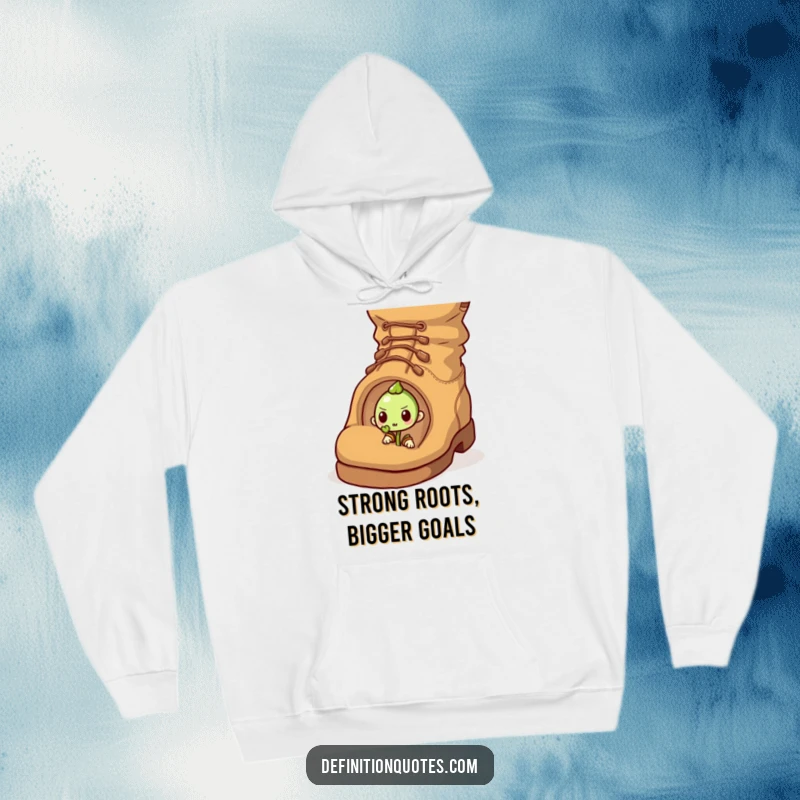 Funny hoodie featuring a determined sprout character pushing an oversized acorn uphill, showcasing strength and resilience with a humorous twist.