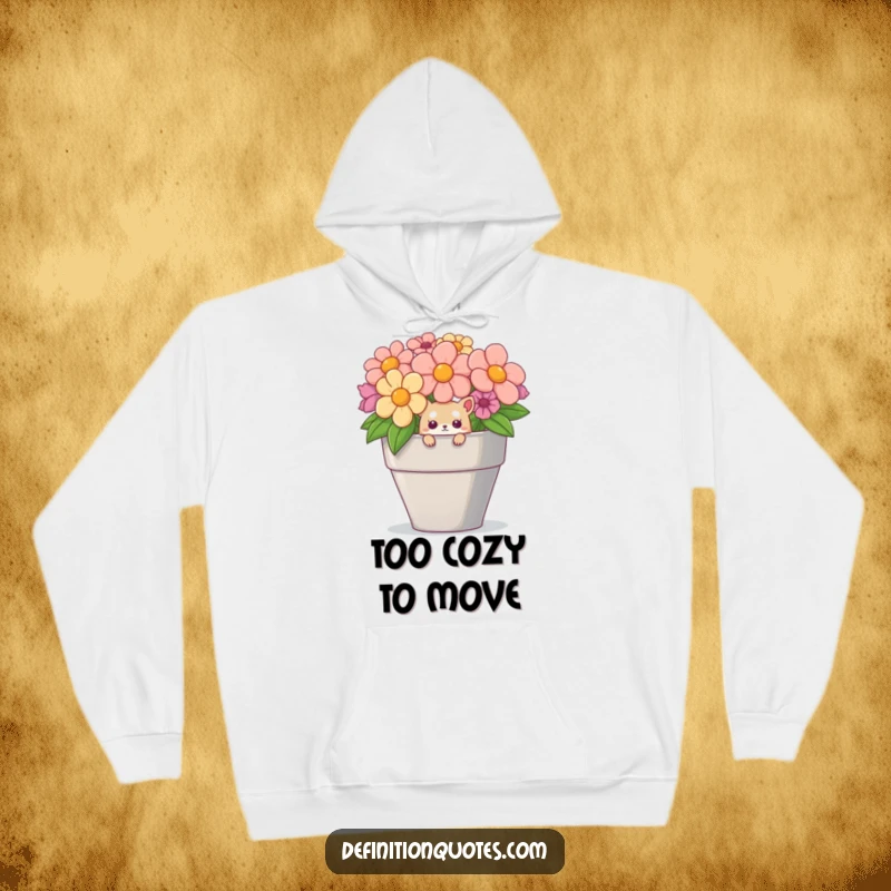 Funny hoodie with a cute, small creature peeking curiously from a ridiculously large flower pot, bringing smiles and warmth.
