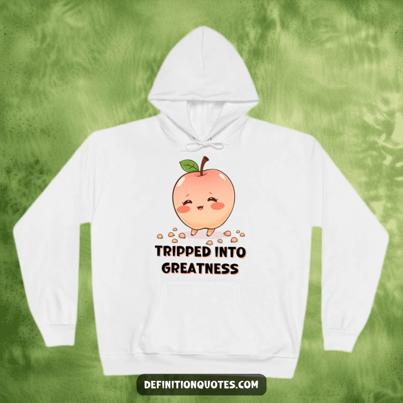 Funny shy apple character, blushing deeply, tripping, scattering seeds, cozy hoodie, humorous and sweet, great gift.