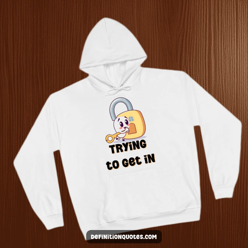Funny hoodie featuring a mischievous key character trying to unlock a huge padlock, symbolizing overcoming obstacles with humor.