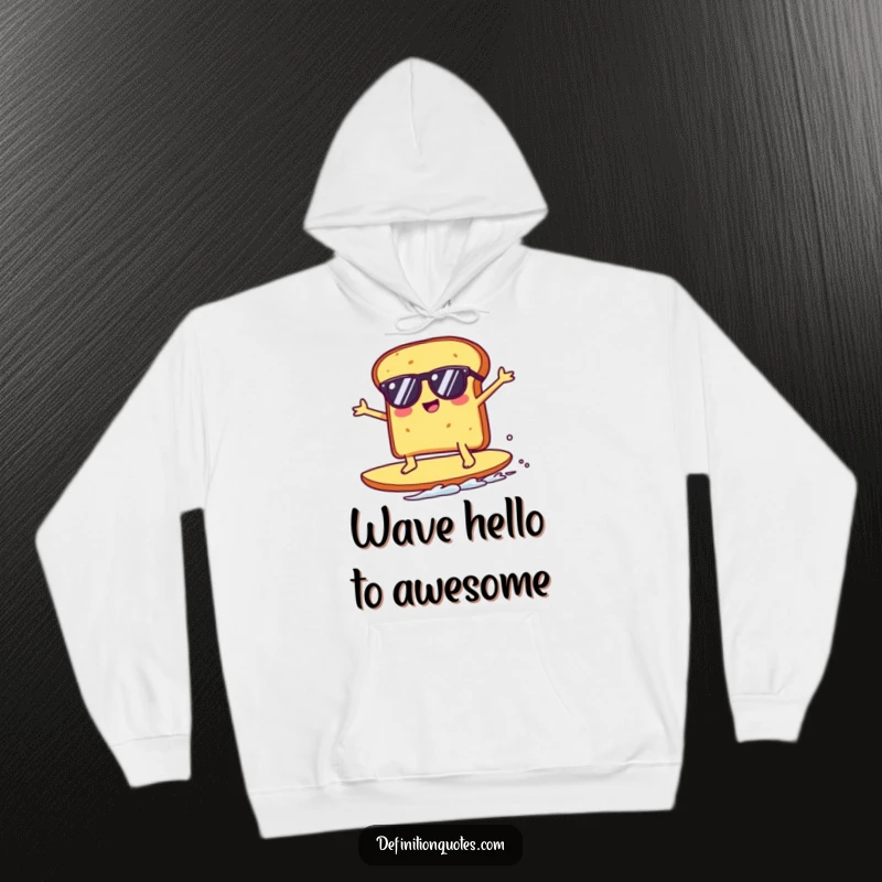 Funny Kawaii toast character with sunglasses riding a giant crumb, depicted on a cozy hoodie, radiating playful and comical vibes.