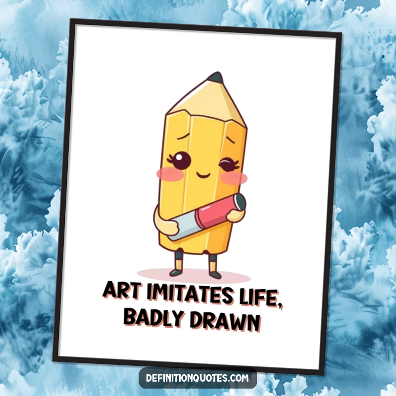 Funny free printable wall art: a blushing pencil character with an eraser comically tries to draw itself, a whimsical downloadable.