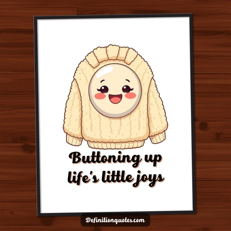 Funny Free Printable Wall Art: Overjoyed button stuck fast on a massive, textured fuzzy sweater, creating quirky decor.