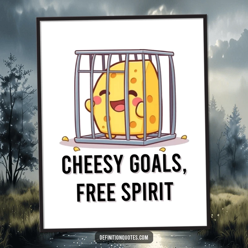 Funny Free Printable Wall Art: A Kawaii cheese character joyfully breaks free from a tiny, barred cage.