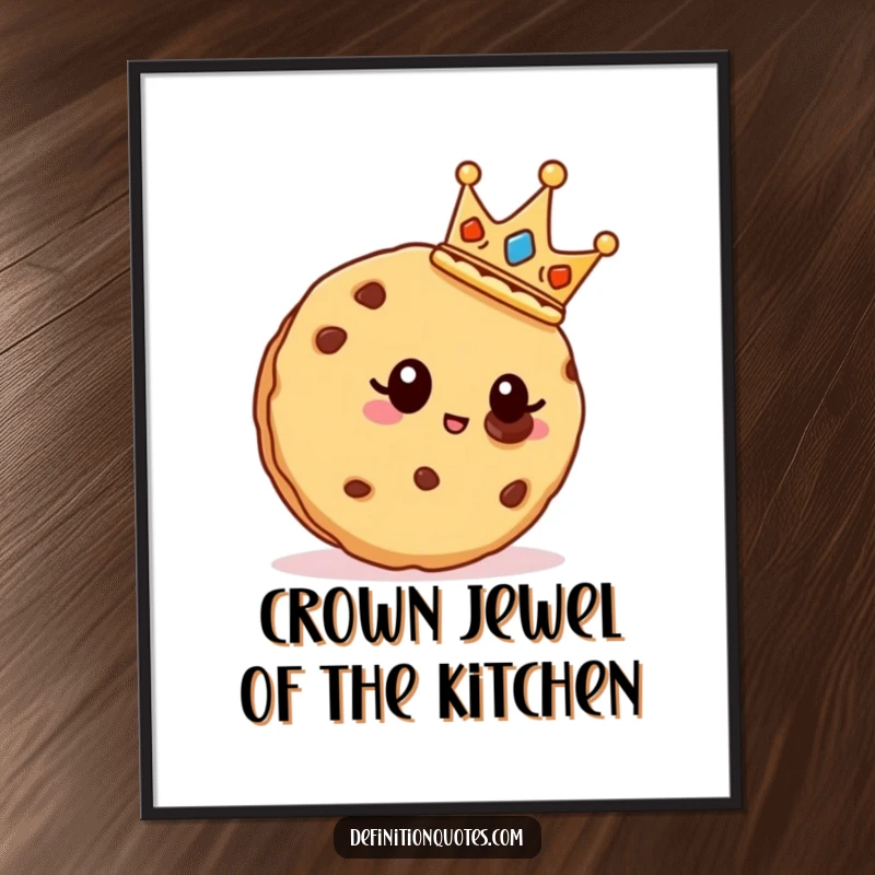 Funny Free Printable Wall Art of a proud cookie wearing a tiny crown, admiring a chocolate chip, cheerful downloadable decor.