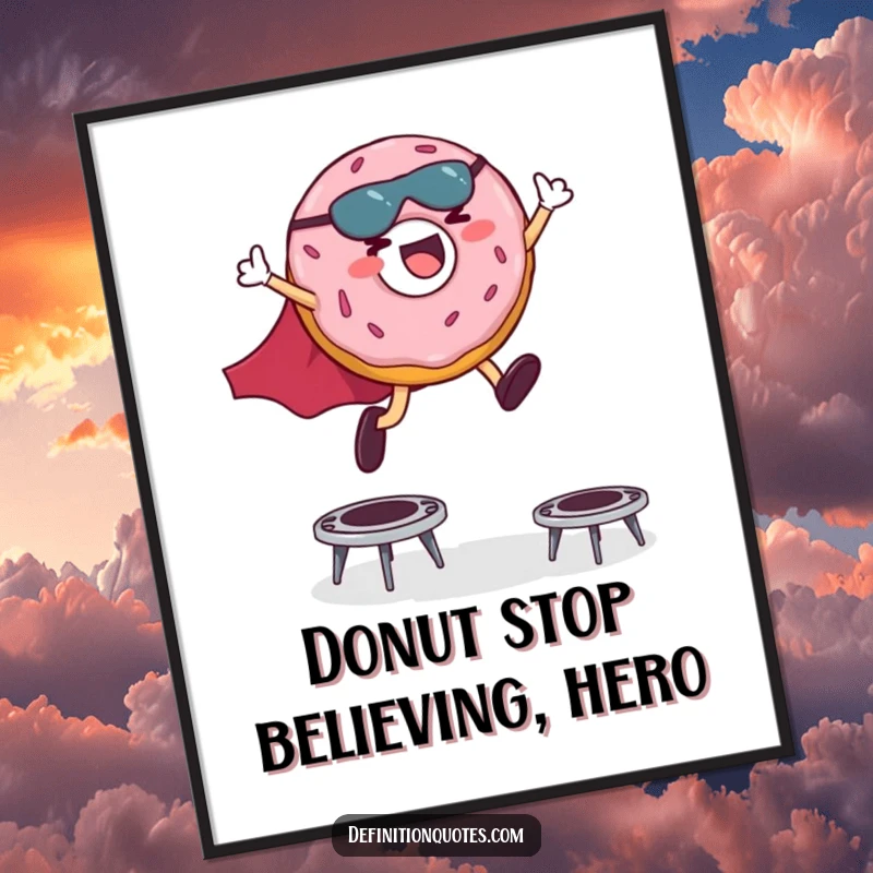 Funny Free Printable Wall Art: Giggling donut in a superhero cape leaps over trampolines, adding fun decor.