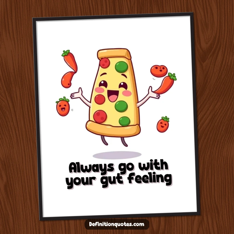 Funny free printable wall art of a delighted pizza slice character comically juggling flying pepperoni, perfect for a playful kitchen.