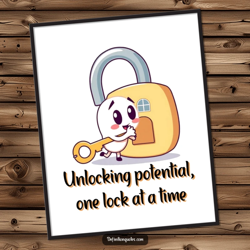 Funny Free Printable Wall Art: Mischievous house key character plotting to unlock a giant padlock, hinting at adventure.
