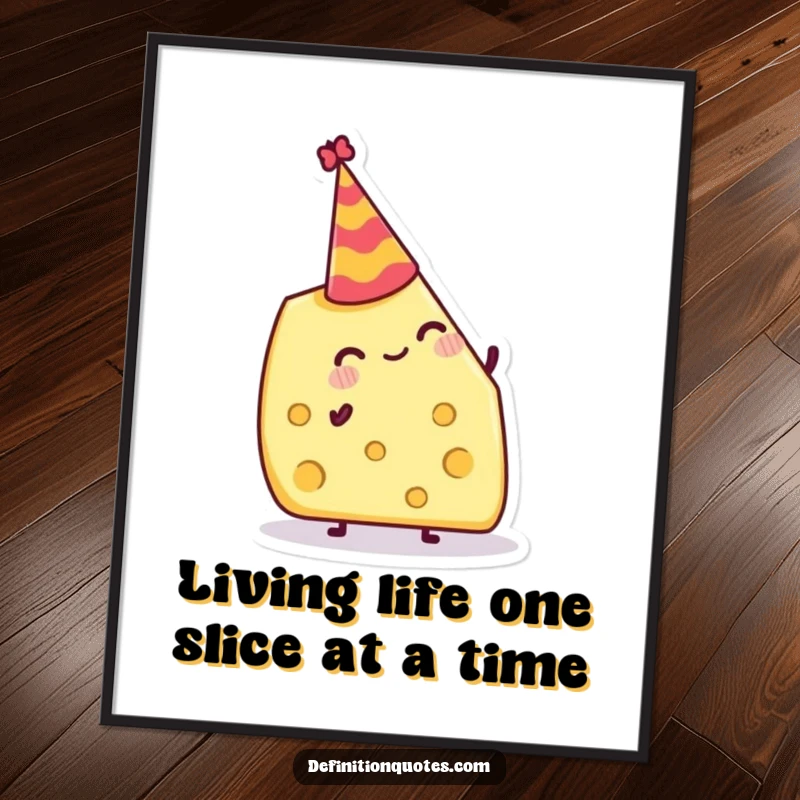 Funny Free Printable Wall Art: Jovial cheese wedge perfectly balanced with a miniature party hat on its head.