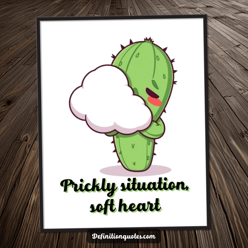 Funny Free Printable Wall Art: A Kawaii cactus character looks uncomfortable while attempting to hug a soft, fluffy cloud.