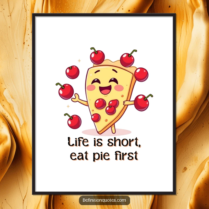 Funny Free Printable Wall Art: A laughing slice of pie performing a circus act, juggling cherry filling balls. Deliciously funny decor.