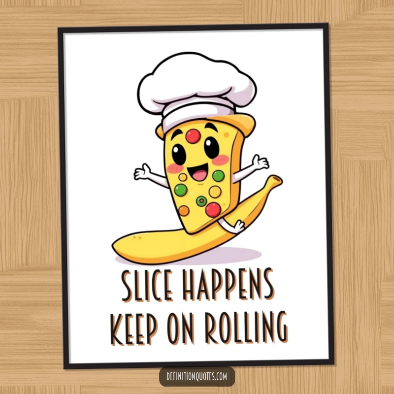 Funny Free Printable Wall Art: Pizza chef in chef hat comically slips on a rogue banana peel in the kitchen.
