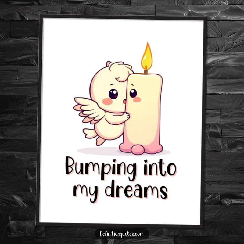 Funny Free Printable Wall Art depicting a cute winged character gently bumping into a rainbow, leaving a noticeable dent, a magical scene.