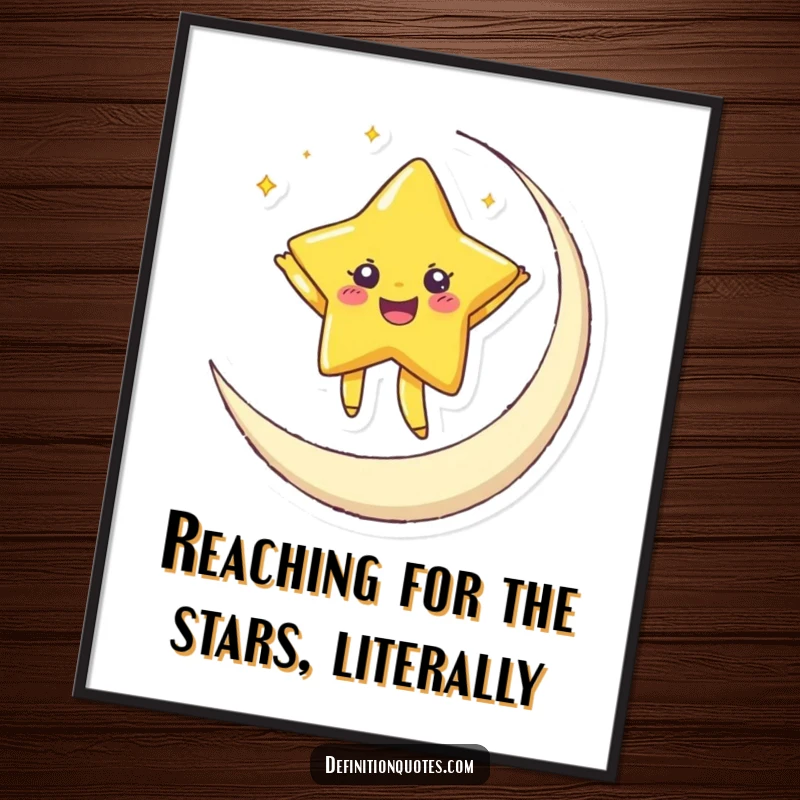 Funny free printable wall art: a joyful star with twinkling eyes dances energetically on a crescent moon, a magical downloadable.