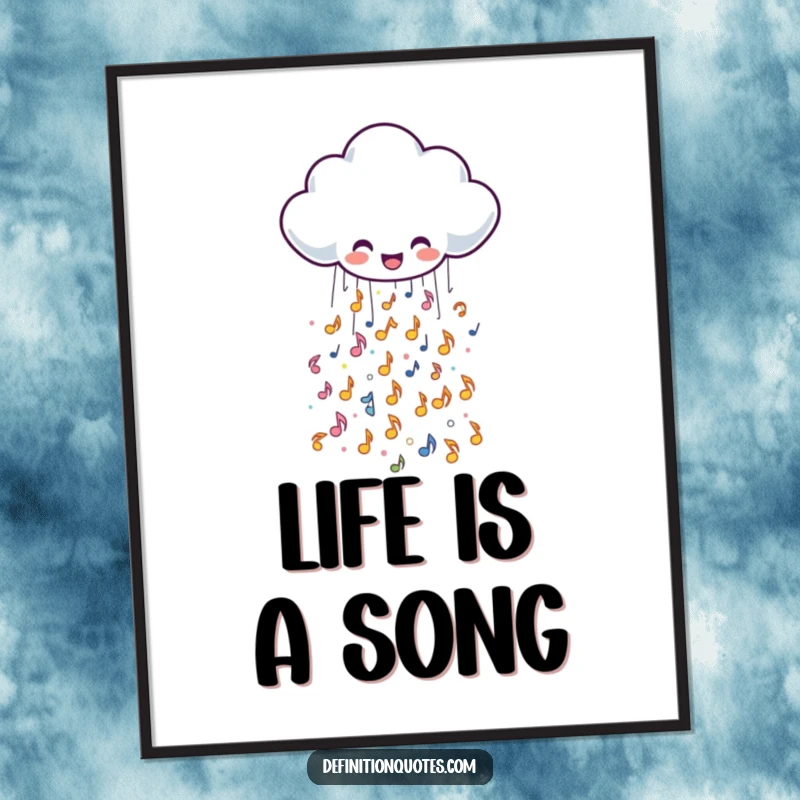 Joyful Free Printable Wall Art of a cheerful rain cloud joyfully spilling a cascade of tiny, sparkly musical notes.