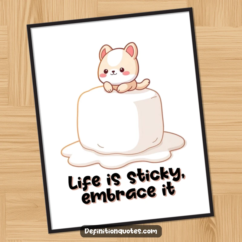 Funny Free Printable Wall Art: A cute animal character comically slipping on a giant, melting marshmallow, a hilarious and sticky moment.