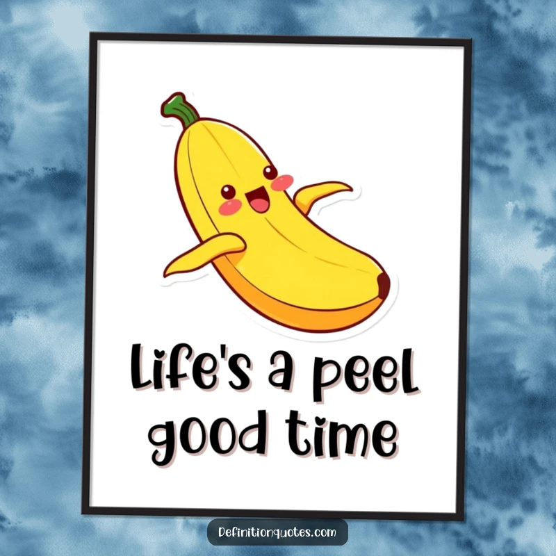 Funny Free Printable Kawaii banana character sliding down its peel with pure glee, vibrant and uplifting wall art.