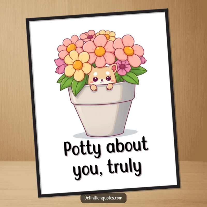 Funny Free Printable Wall Art depicting a small, curious creature peeking out of a ridiculously large flower pot, bringing quirky charm.