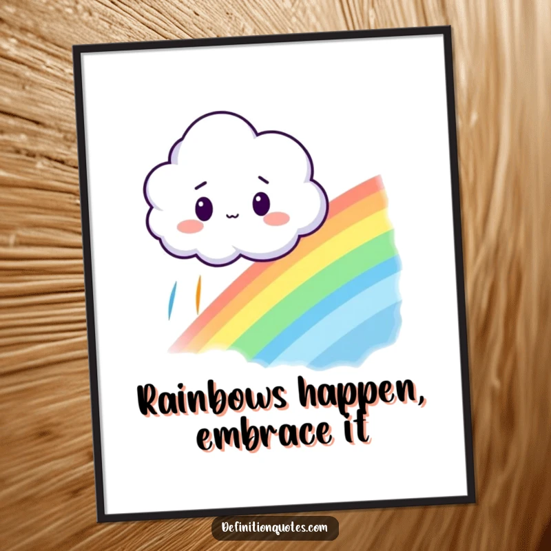 Funny Free Printable Wall Art of a surprised little cloud gazing at a brilliant rainbow it unexpectedly created, adding charm.