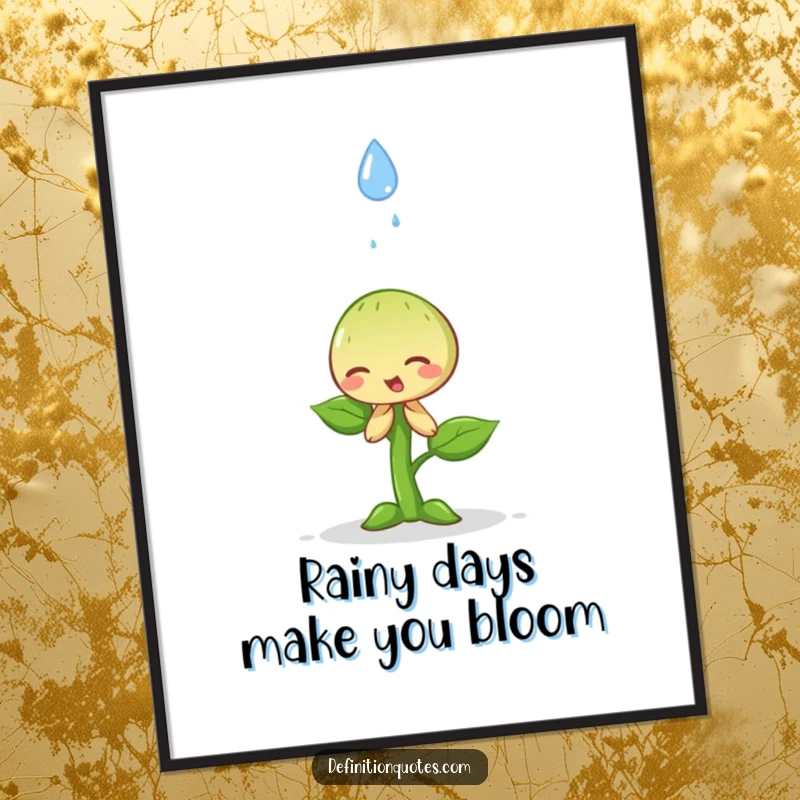 Funny Free Printable Wall Art: A small, happy sprout performing an exaggerated bow towards a single, descending raindrop.
