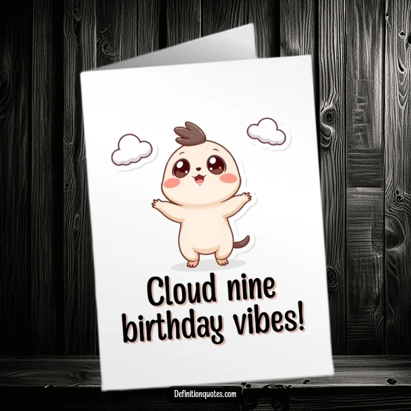 Funny Free Printable Birthday Card: Tiny creature with googly eyes excitedly juggling three small fluffy clouds, a whimsical scene.