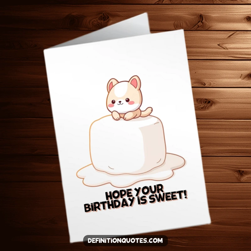 Funny Free Printable Birthday Card: Cute animal character slipping comically on a giant, melting marshmallow, a moment of sweet chaos.