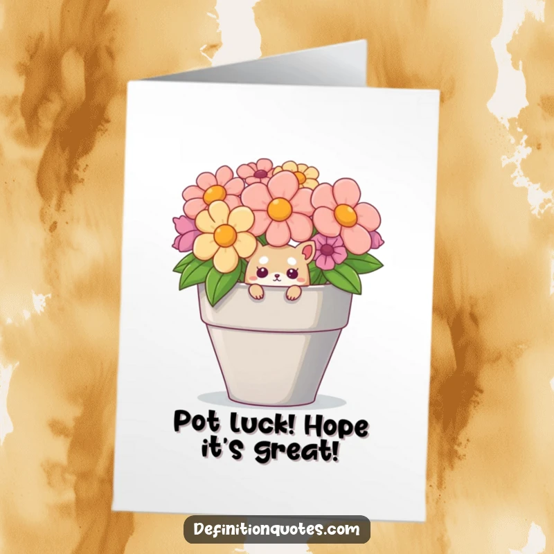 Funny Free Printable Birthday Card featuring a tiny creature peeking from an oversized flower pot, looking endearingly curious.