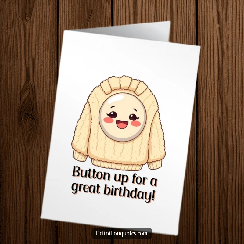Funny Free Printable Birthday Card: Smiling button trapped on a huge fuzzy sweater, shouting Happy Birthday.