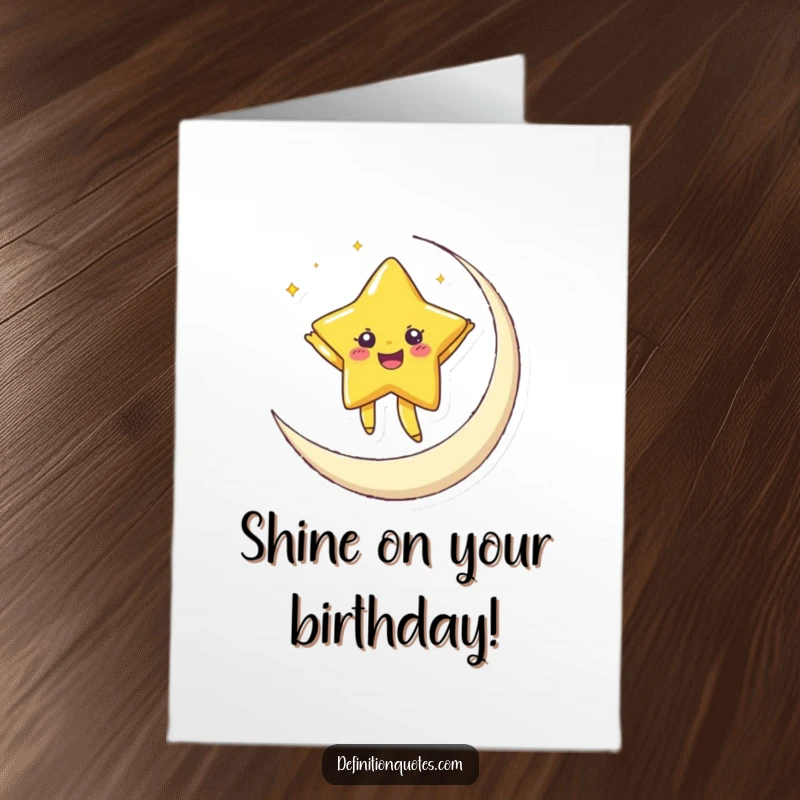 Funny Free Printable Birthday Card: Joyful star character with twinkling eyes dancing gleefully on a crescent moon.