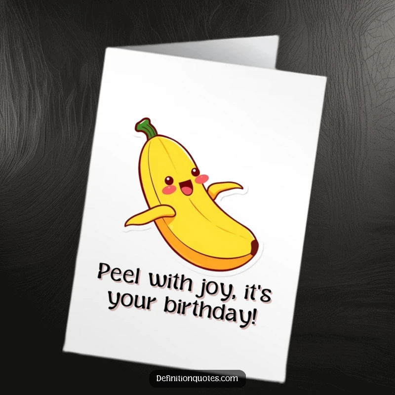 Funny Free Printable Kawaii banana character blissfully sliding down its own peel on a birthday card, pure exhilaration.